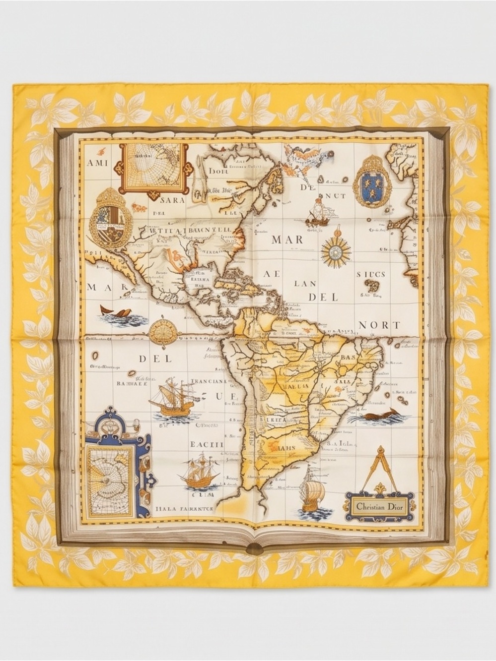 Dior Yellow and Cream Map-Print Silk Scarf with Navy Accents